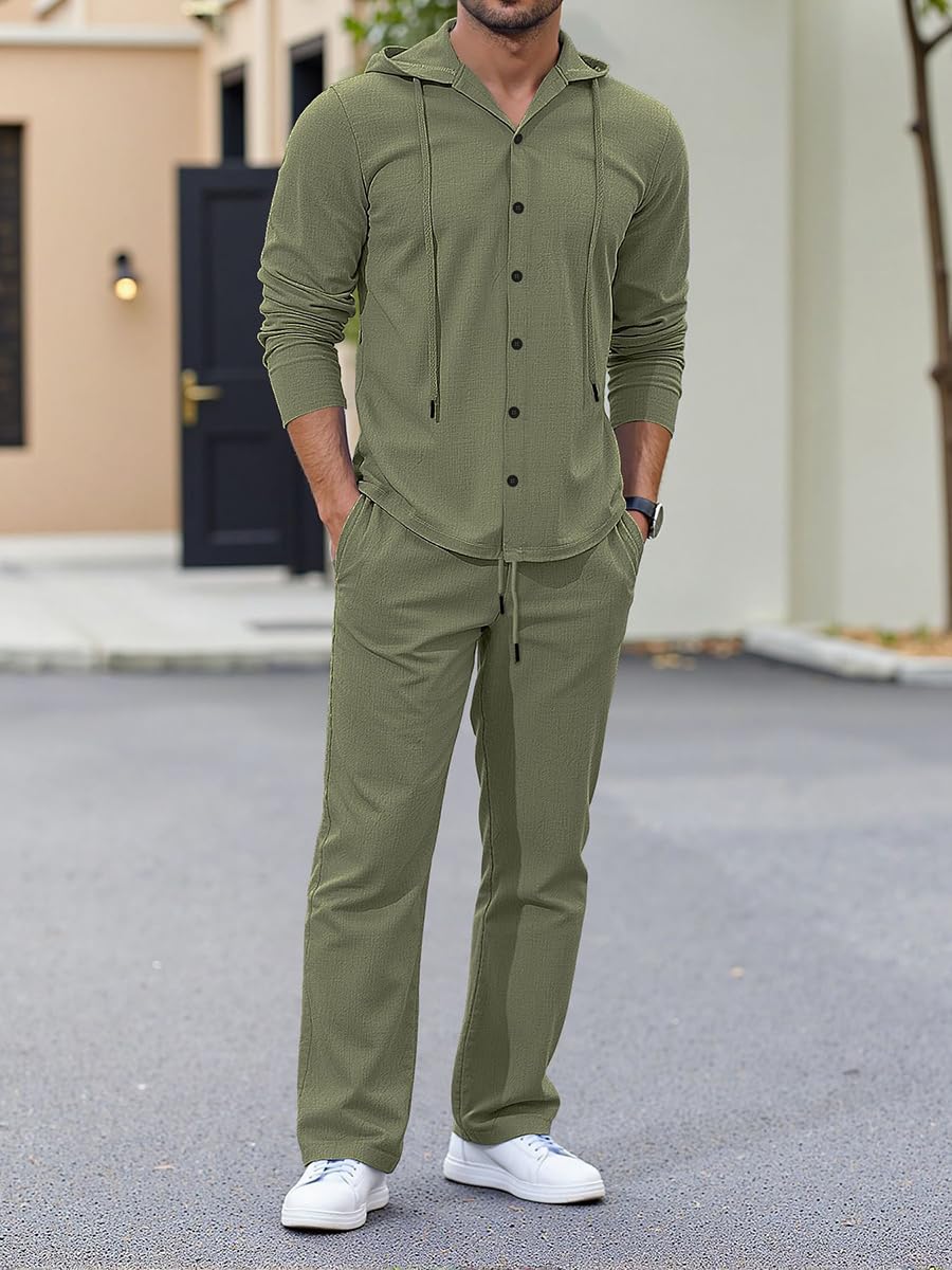 Ensemble Chemise Pantalon Homme Texturé Leger Vetement Casual Chic Ete Survêtement Tenue De Sport Ample Confortable Costume Maison