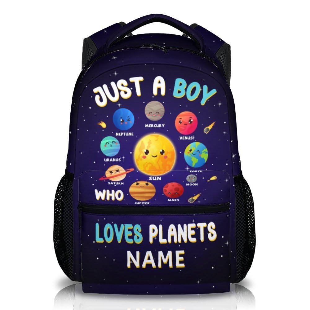 PAKKITOP Personalized Boys Backpack for School, 17" Cute Planet Backpack for Kids, Custom Black Large Capacity Solar System Lightweight Bookbag for