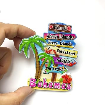 Bahamas Refrigerator Magnet, 3.35x2.95 Inch Fun Decoration with Palm Trees, Colorful Directional Signs of Bimini, Abaco Islands, Berry Islands, Cat Island, Nassau, The Exumas, Perfect for Kitchen