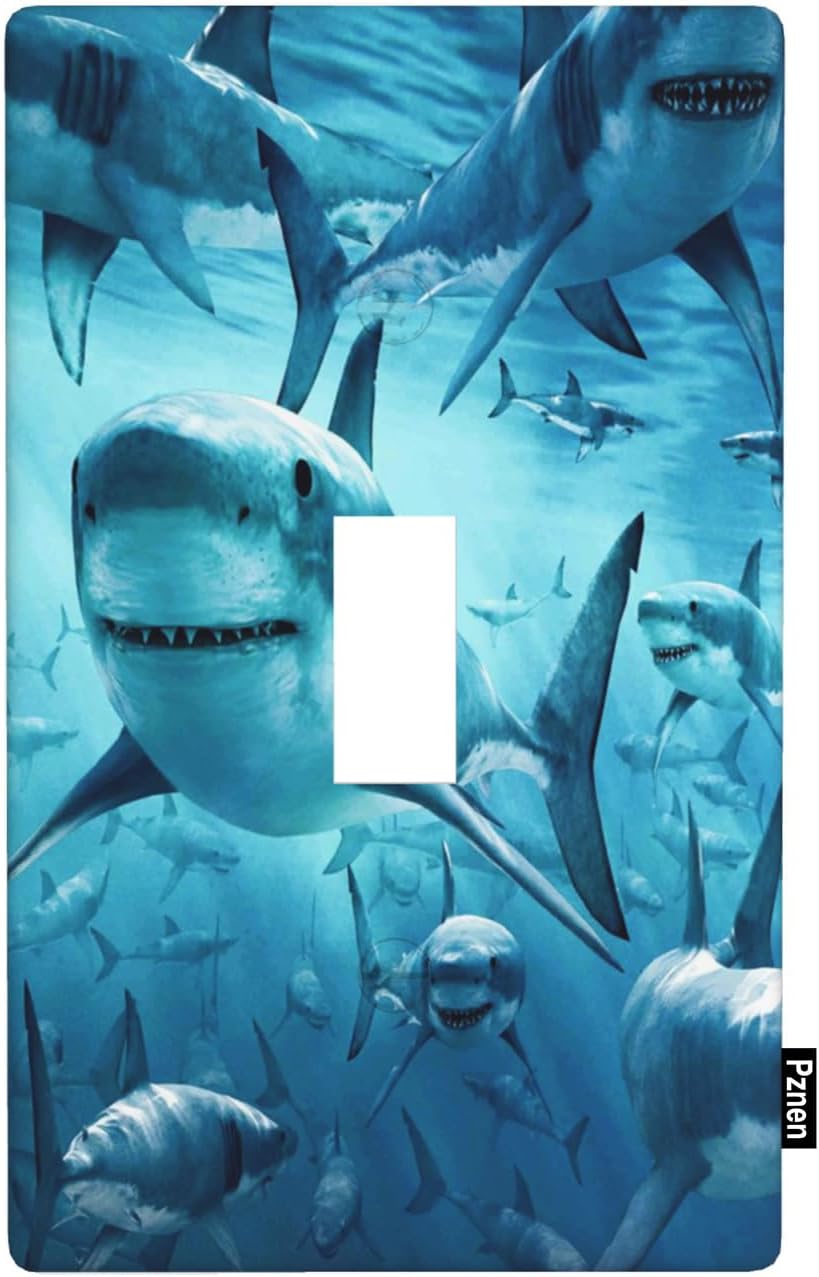 Ocean Shark 1-Gang Single Toggle Wall Plate, Underwater Huge Shark Light Switch Cover Plates 4.5"x 2.76" for Home Office Decor