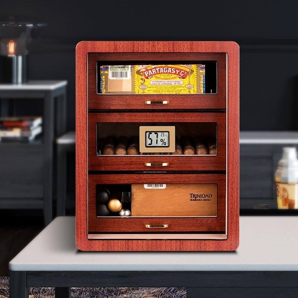 Zigarren-Humidor Zedernholz Aufbewahrungsbox mit 3 Schichten Schubladen und digitalem Hygrometer, Tisch-Elektro-Humidor für den Desktop-Einsatz
