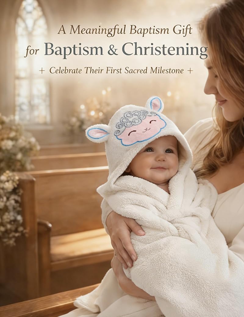 Noah's Ark Baptism Gifts, 7-Piece Christening Gift Set with Hygienic Sealed Bath Toys, Soft Hooded Lamb Towel, Storybook & Washcloth for Newborn Dedication, Baby Shower & Religious Gift