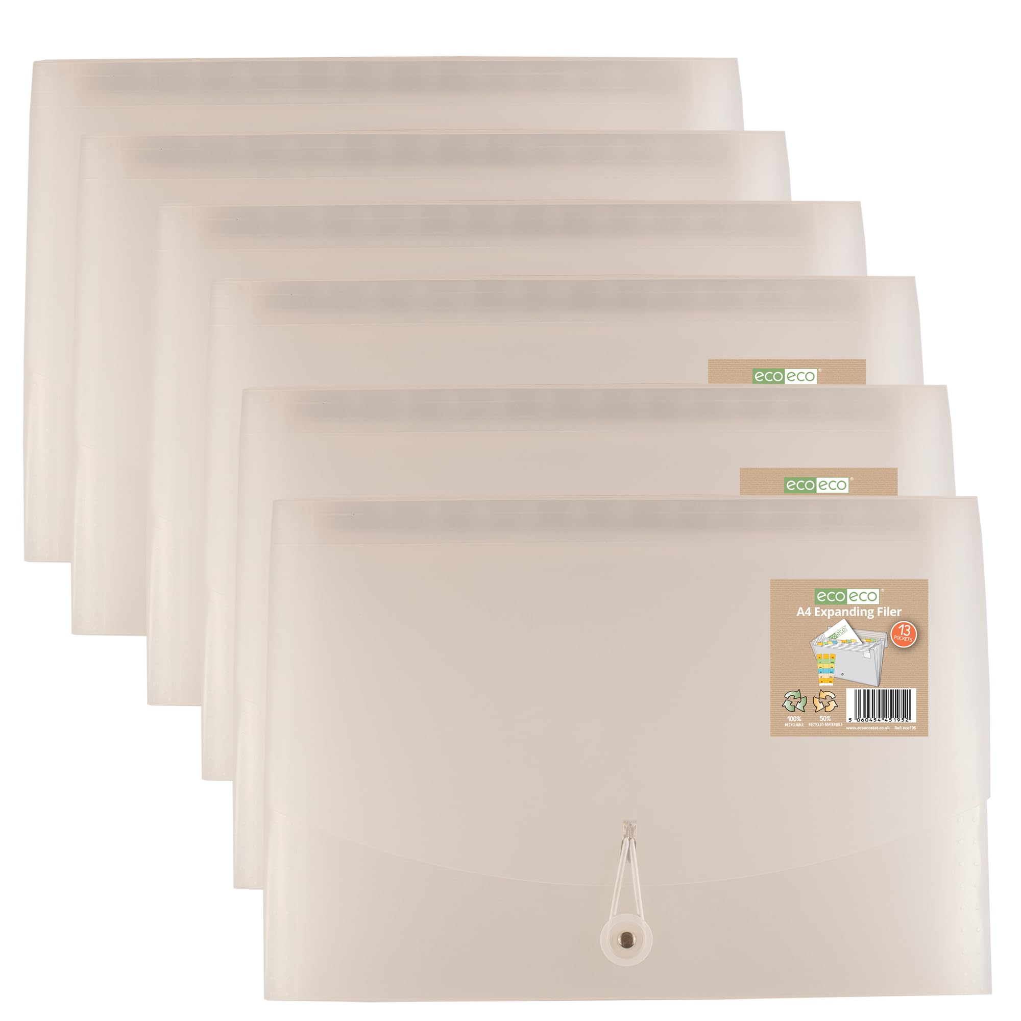 eco-eco A4 50% Recycled 13 Clear Pocket Clear Cover Expanding File Organiser - Document Folder - Printed Index Tabs, Pack of 6, eco195x6