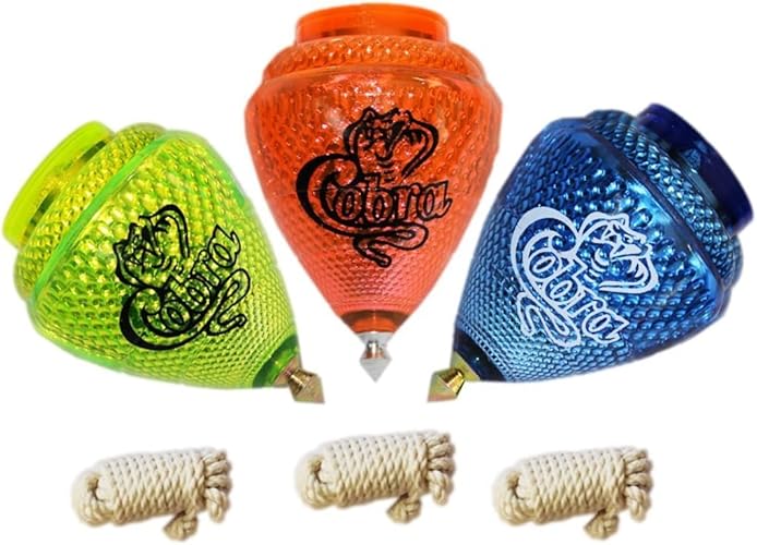 3 Pack Champion Cobra Durable Plastic Spin Tops for Kids Metal Tip Made in Mexico - Trompo Mexicano Champion Cobra Plastico Durable & Punta de Metal (Pack of 3 Assorted Colors)