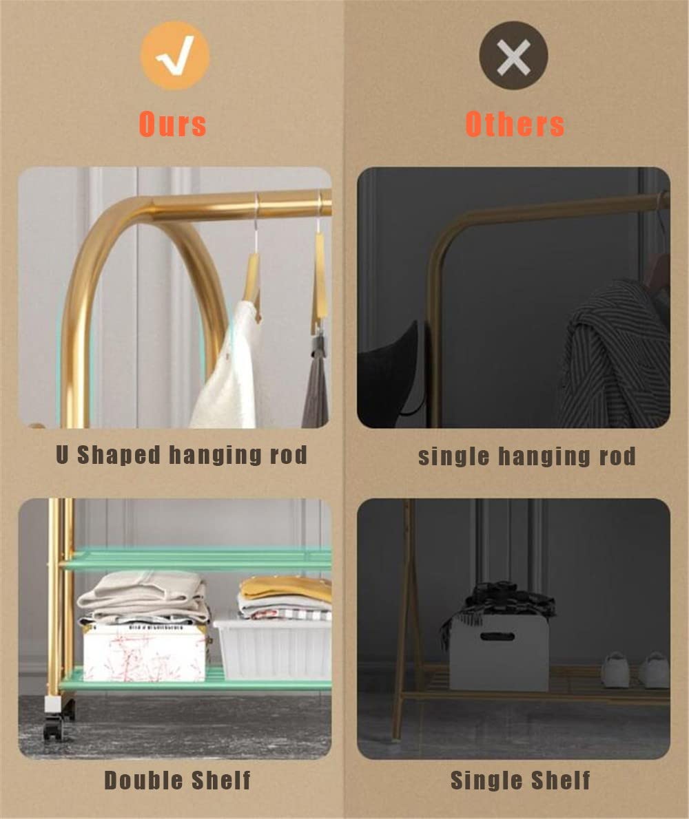 Appendiabiti Dorato su Ruote con 2 Porta Scarpe. Versatile Soluzione per riporre Abiti e Scarpe in Negozi di Abbigliamento e Boutique. Organizzatore Elegante e Funzionale.