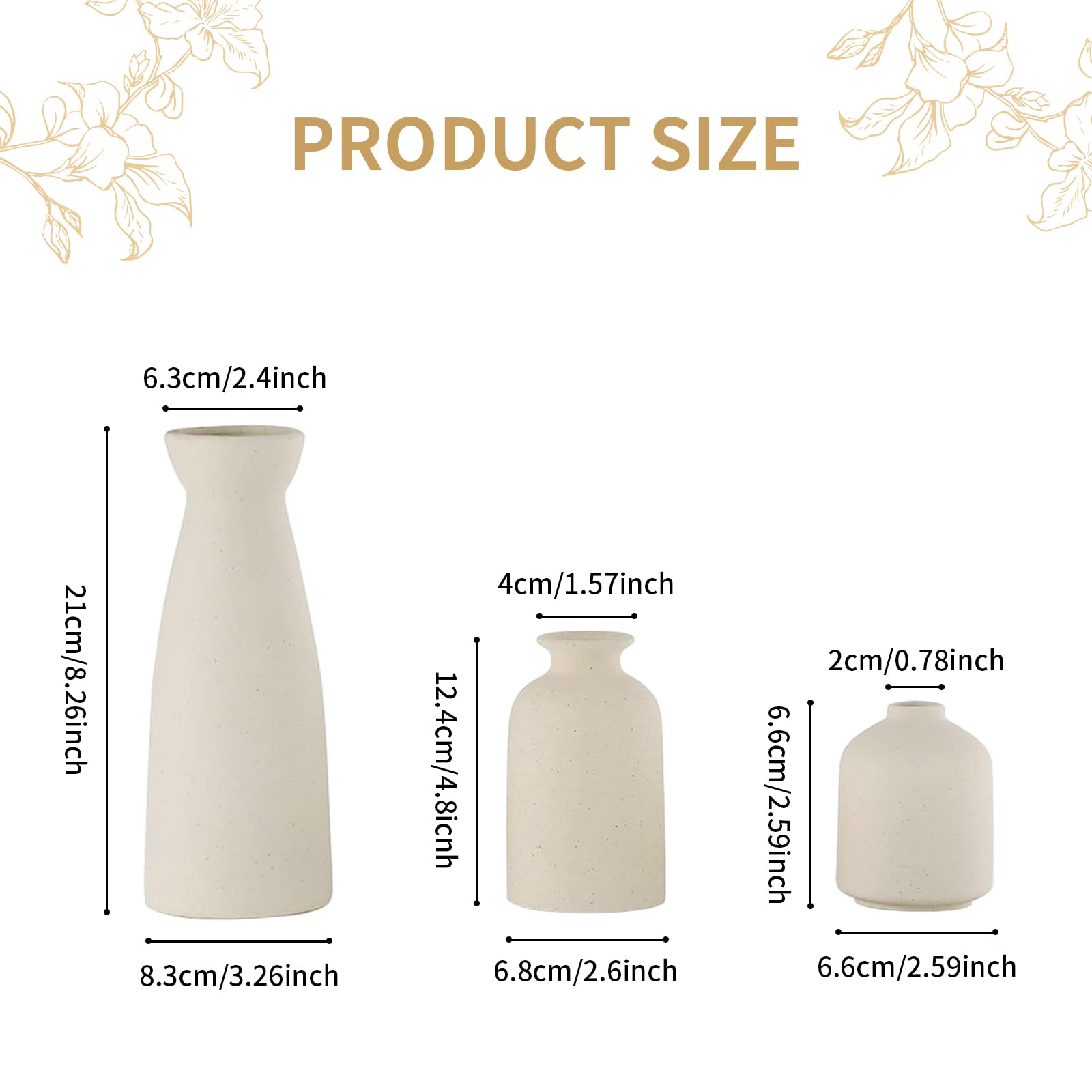 Keramik Vasen Set 3er Blumenvase für Deko Schlafzimmer, Moderne Home Decor Boho Landhaus Rustikale Vase für Pampasgras