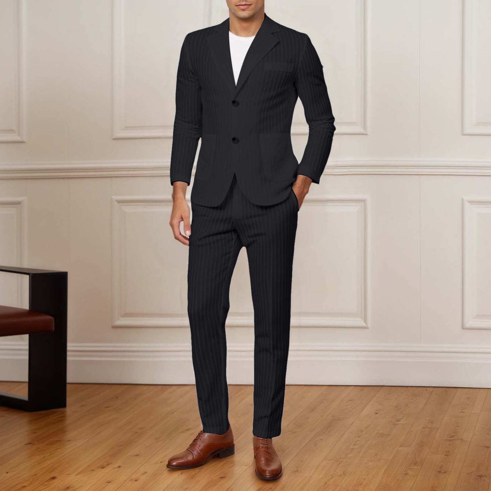 Costume pour homme - Veste d'été 2 pièces - En lin - Manches longues - Col en V - Tenue de mariage - Tenue élégante et décontractée - 2 pièces - Blazer formel - Pantalon de jogging