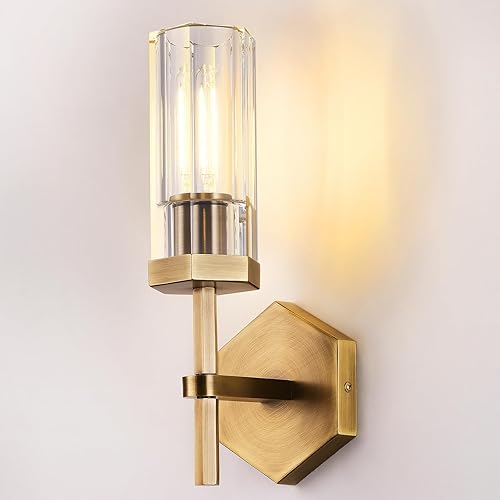 SKFWAITKW Apliques de pared de latón, apliques de baño dorados de 12.5 pulgadas con pantalla de cristal hexagonal, luces de tocador doradas,
