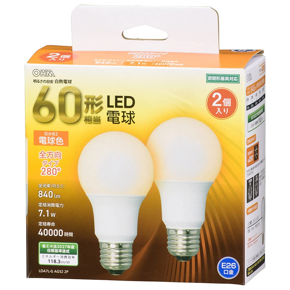 Amazon | オーム(OHM) LED電球 E26 60形相当 電球色 全方向 2個入
