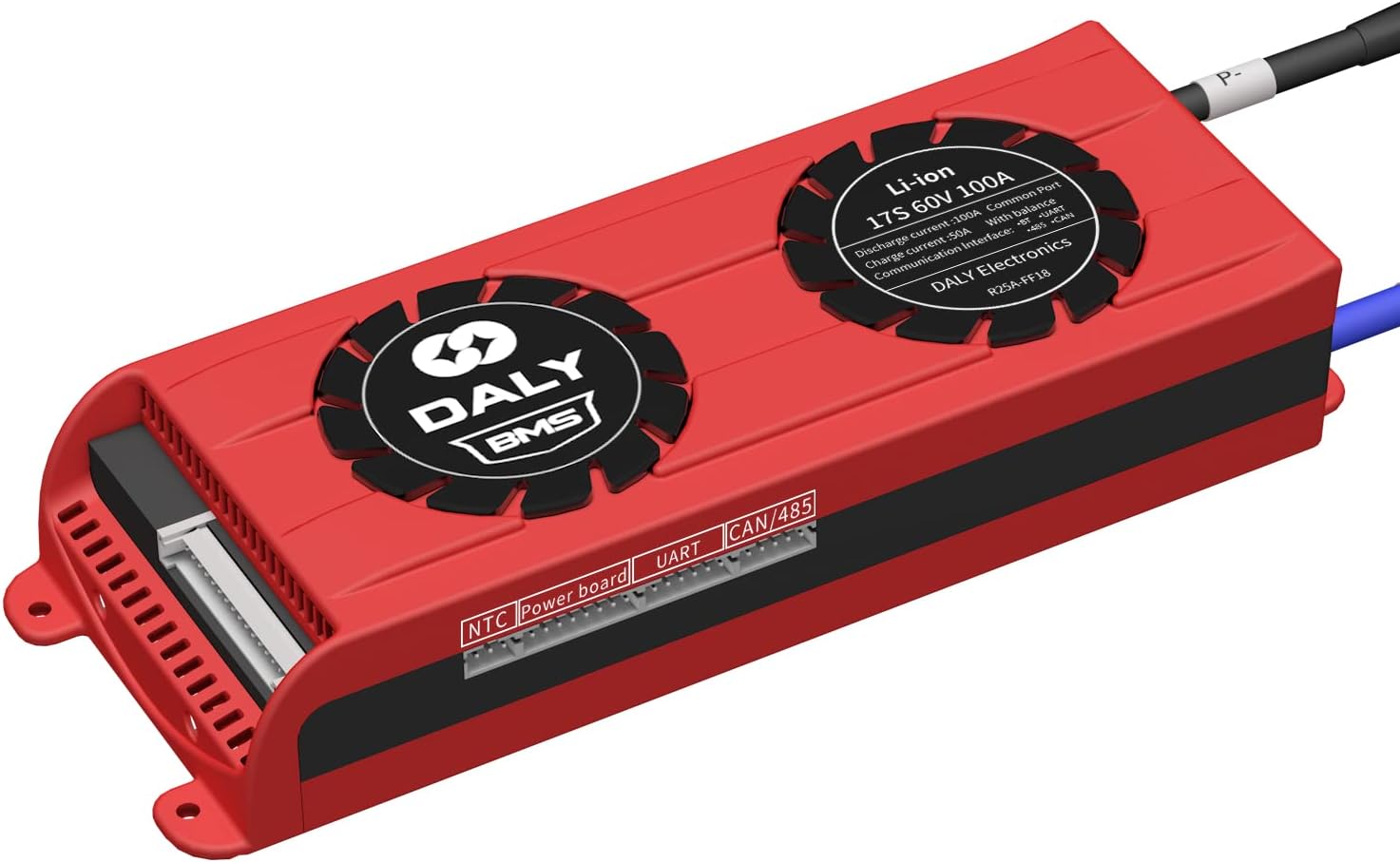 DALY Smart BMS Li-ion 17S 60V 100A PCB Battery Management System with UART Communication CAN 485 Bluetooth Battery Monitoring Module and Cooling Fan for 18650 Battery Pack