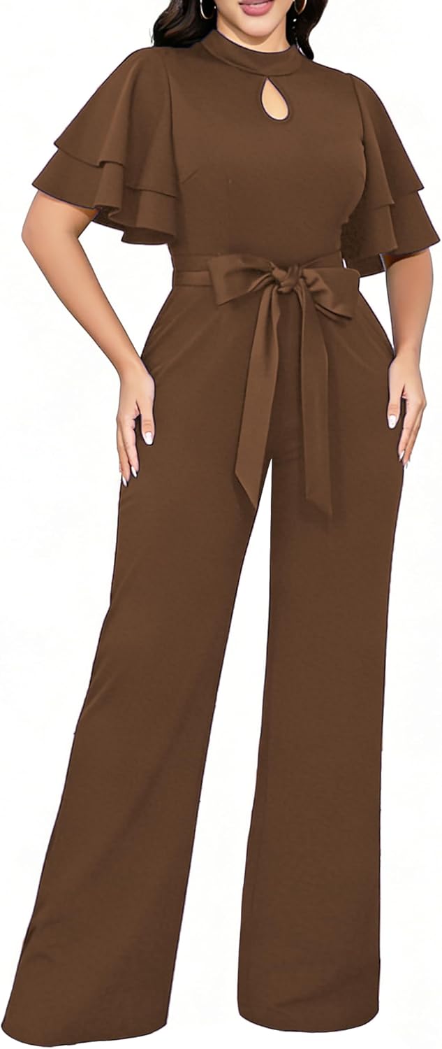 Yiershu Jumpsuits for Women Loose Short Sleeve Belted Wide Leg Pant Romper | Jumpsuit Women Elegant Stand Collar Short Sleeve Straight Pants Business Club One Piece Outfits