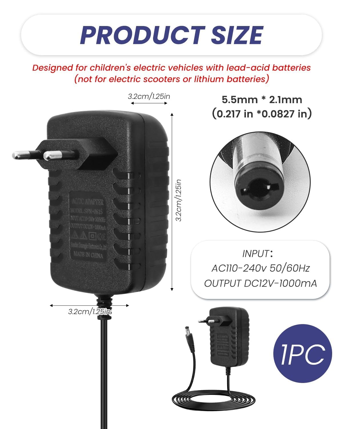 Chargeur Voiture Electrique Enfant 12V 1A 1000MA 1.5 mètre Pour Batterie Moto SUV VTT