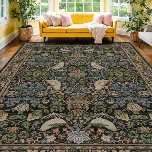 Dark Living Room Rug 8x10 - Large Washable Floral Area Rugs for Dining Room Under Table, Bedroom, Office, Birds and Leaves Nature Design, Non-Slip Low