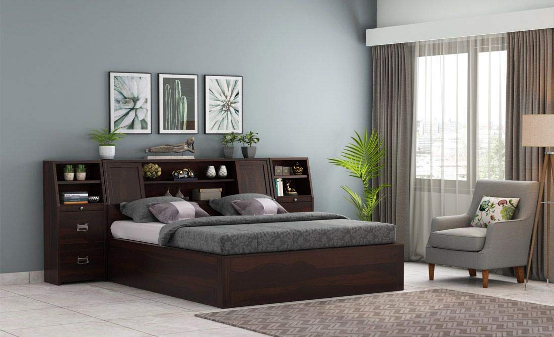 Sheesham Solid Wood Harley Hydraulic Bed with Storage King Size Bed with Bedside Tables for Living Room (King, Walnut)-image-28