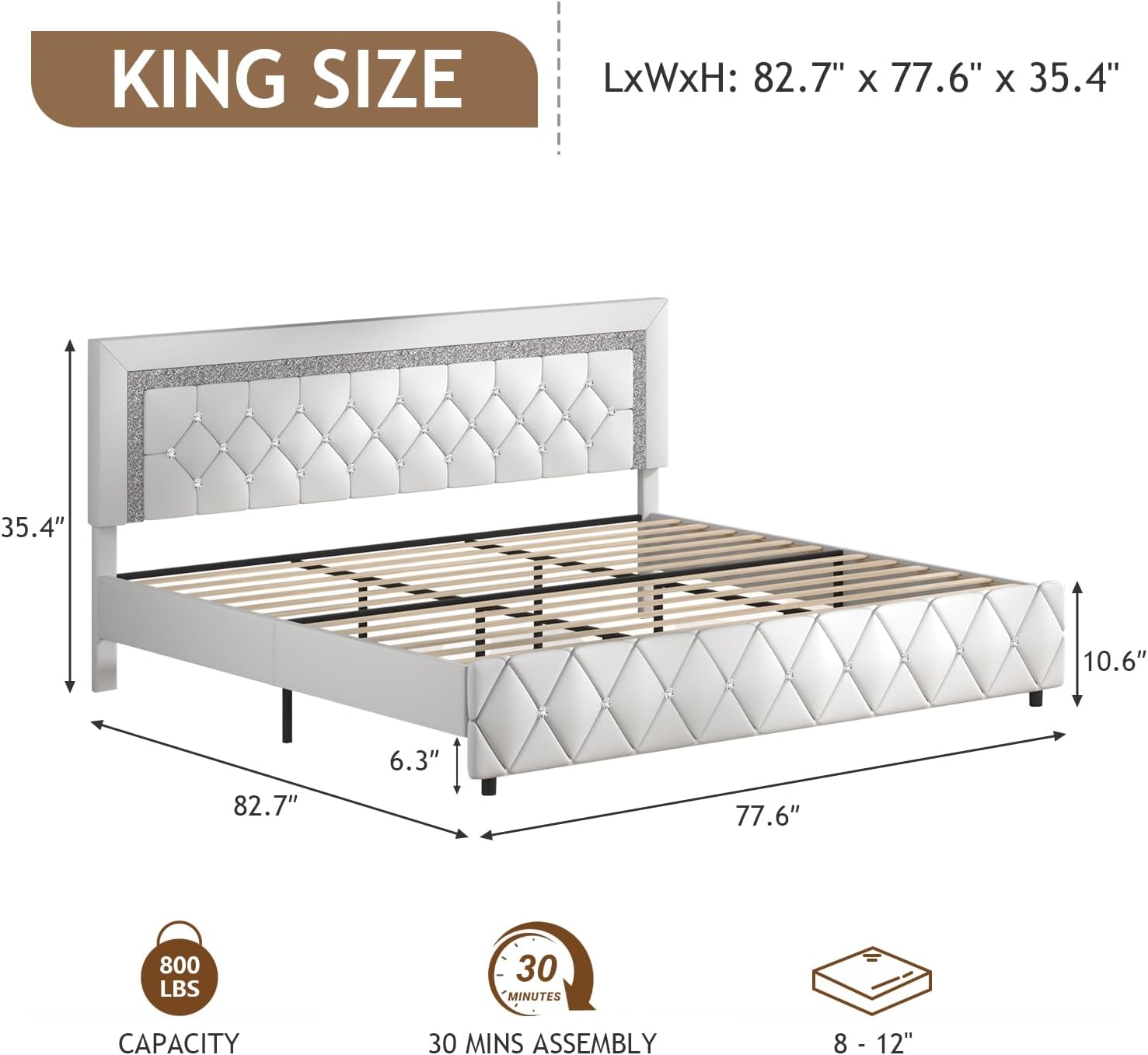 King Bed Frame, Faux Leather Platform Bed with Upholstered Diamond Headboard, Mattress Foundation with Strong Wooden Slats Support, No Box Spring Required, Easy Assembly, White