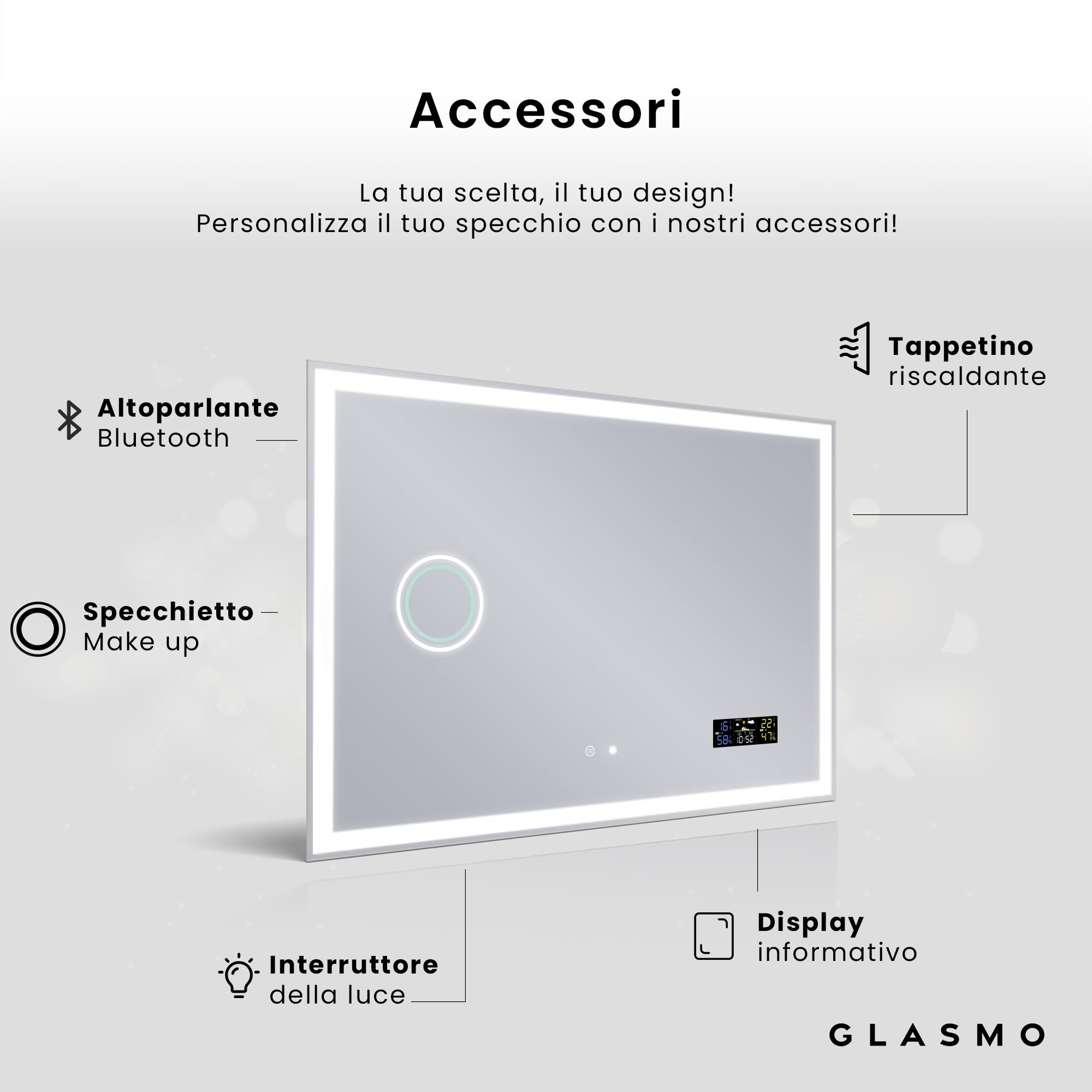 FORAM Specchio da Bagno con LED Illuminazione, Specchio da parete a LED per il bagno 110x80 cm Aurora - su Misura - Personalizzabile - moderno specchi retroilluminato