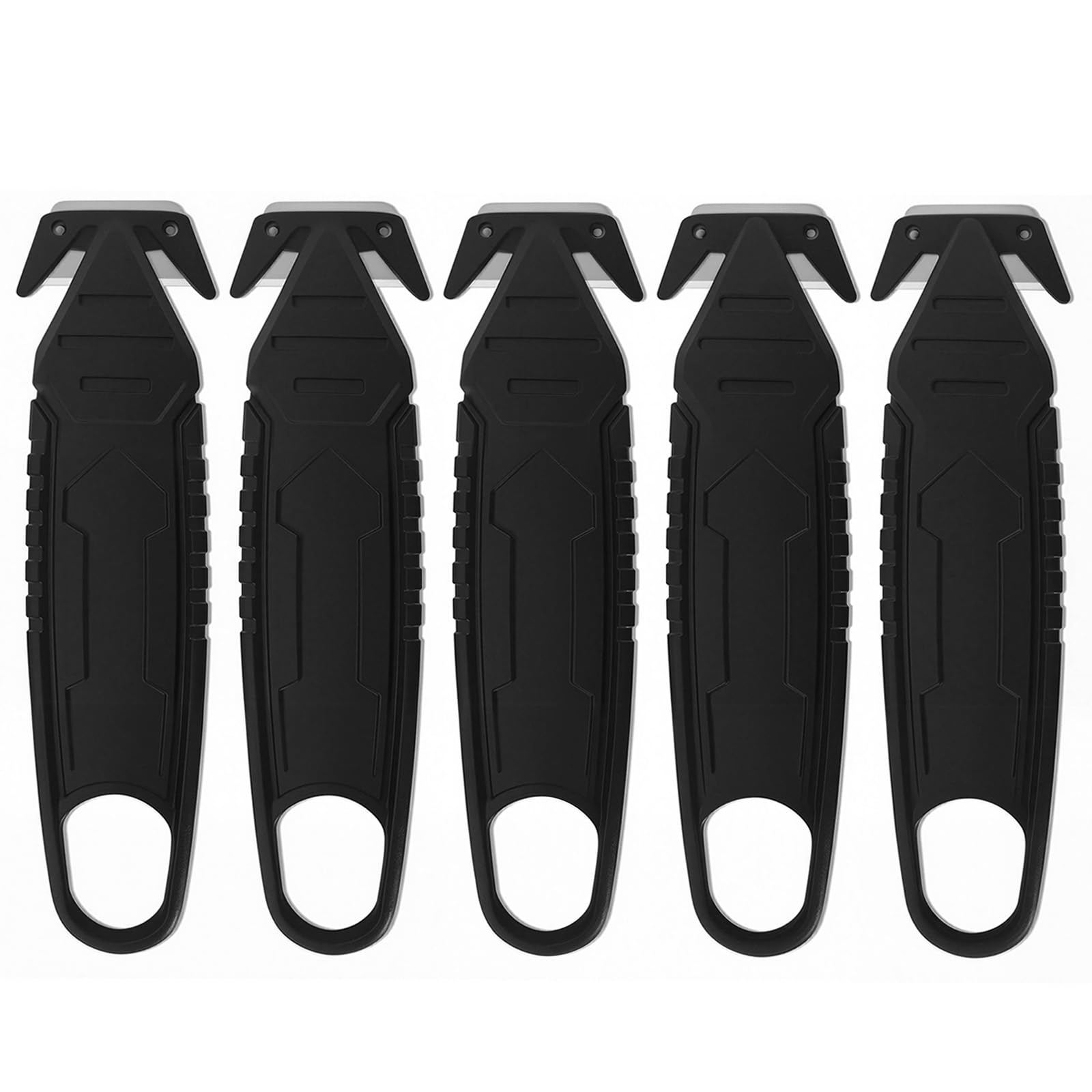 5 Pcs Safety Box Cutter Knife, Ergonomic Film Cutting Tool for Carton, Strap, Package & Envelopes, Comfort Grip Letter Opener with Retractable Blade (Black)