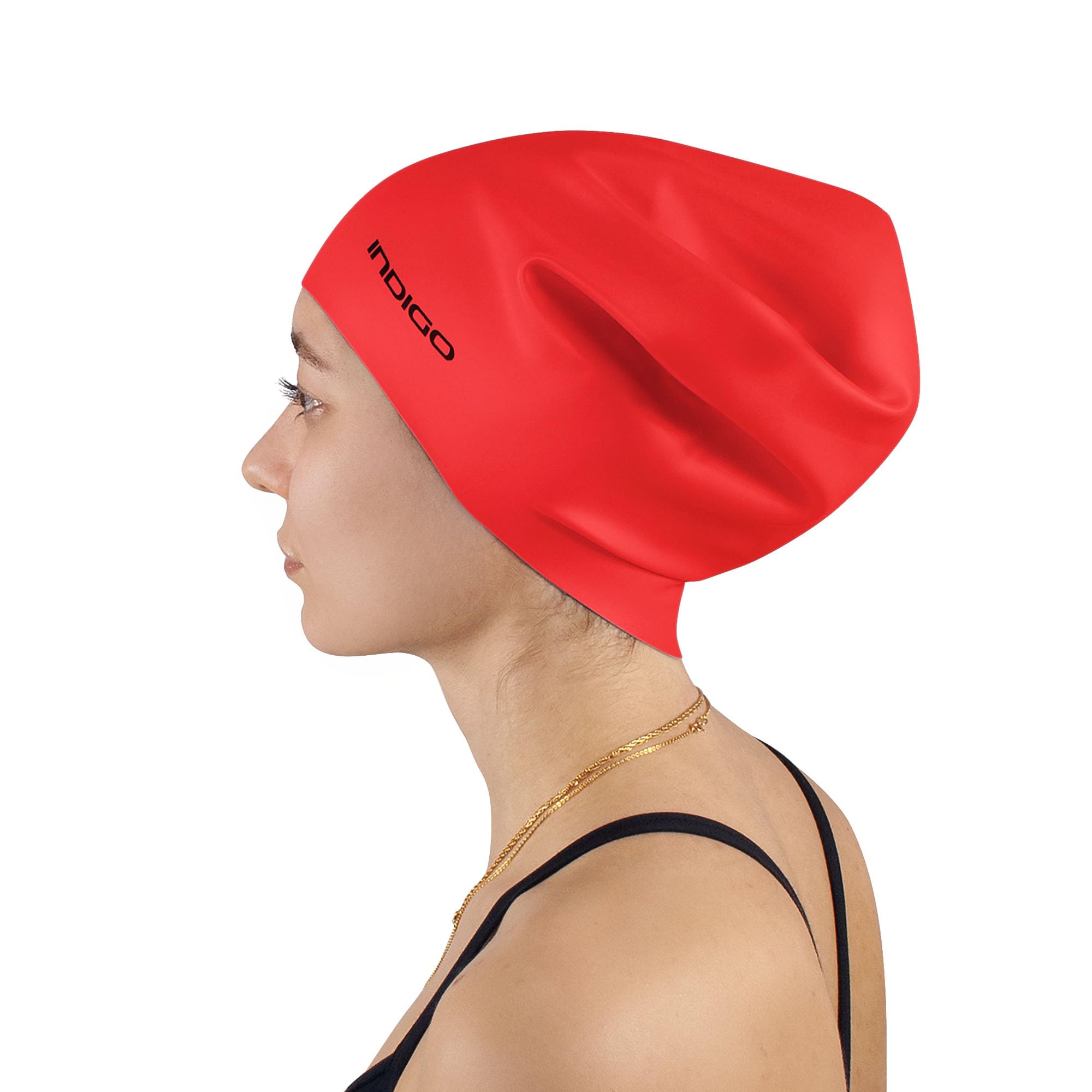 DRUNA Silicone Swim Cap | for Long Hair | Extra Large & Comfortable | Waterproof & Durable | Ideal for Thick Hair | Bright Colors | for Ocean & Pool (Red)