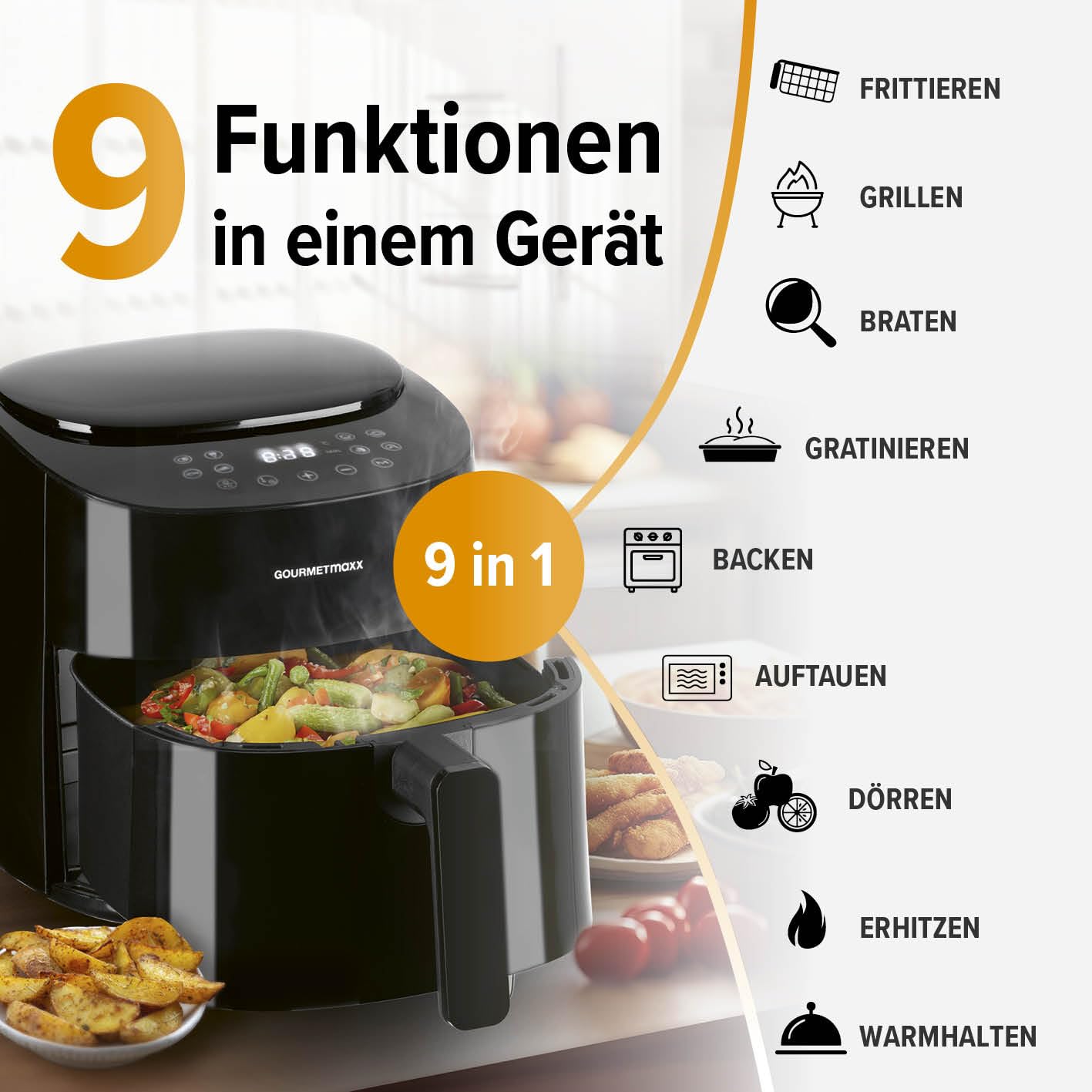 GOURMETmaxx Heißluftfritteuse | 4,5L Airfryer | Timer & Touchscreen | Fritteuse mit 9 Funktionen & 8 Programmen | energiesparend frittieren, nahezu ohne Öl | Minibackofen - 1400 W
