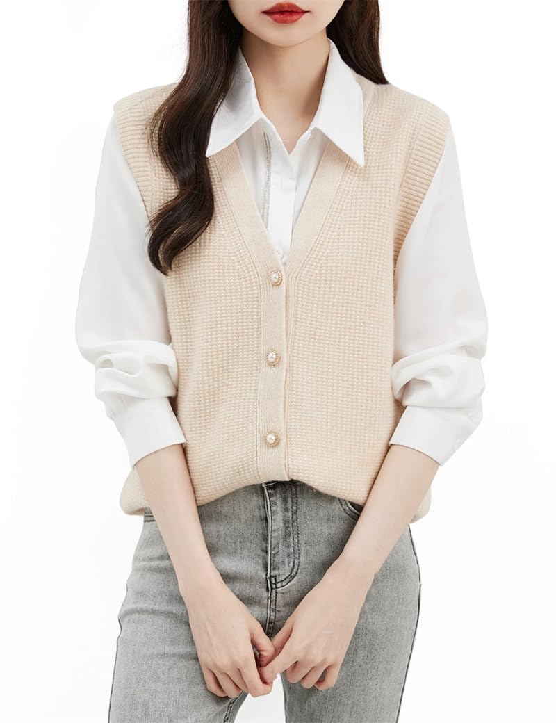 Chaleco de lana para mujer, cuello en V, sin mangas, de punto, suéter, chaleco