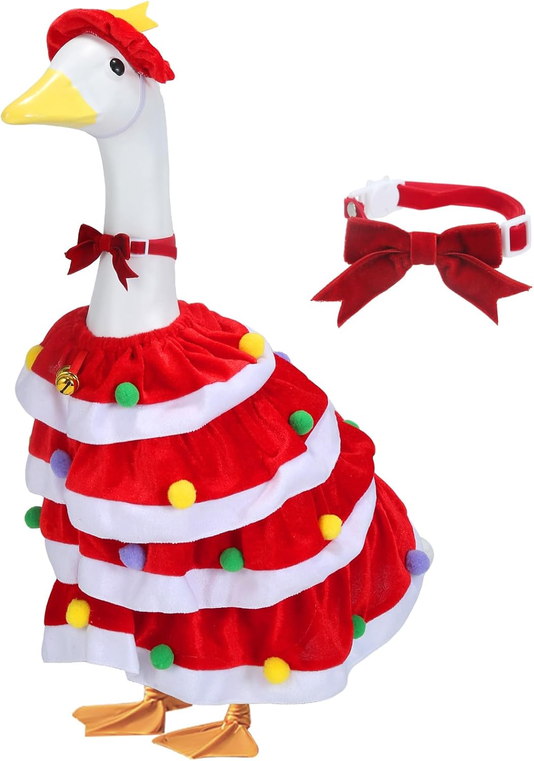 Christmas Porch Goose Outfits for 23 Inch Lawn Statue, 3 Pcs/Set Lawn Cement Goose Clothes with Bells, Bow, 4 layers' Coat for Mrs. Goose Statue Garden Yard Patio Party Decoration (RED)