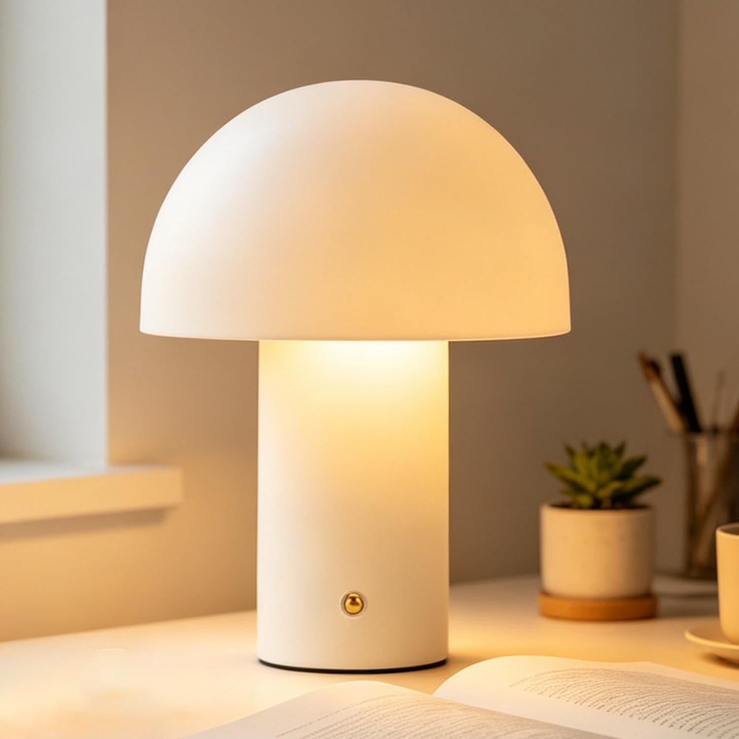 OOWOKS LED Mushroom Table Lamp Cordless Rechargeable Dimmable with Touch Control Decorative Mushroom Lamp Bedside Lamp No Cables Bedroom Lamp Bedside Table Continuously Adjustable Brightness,White