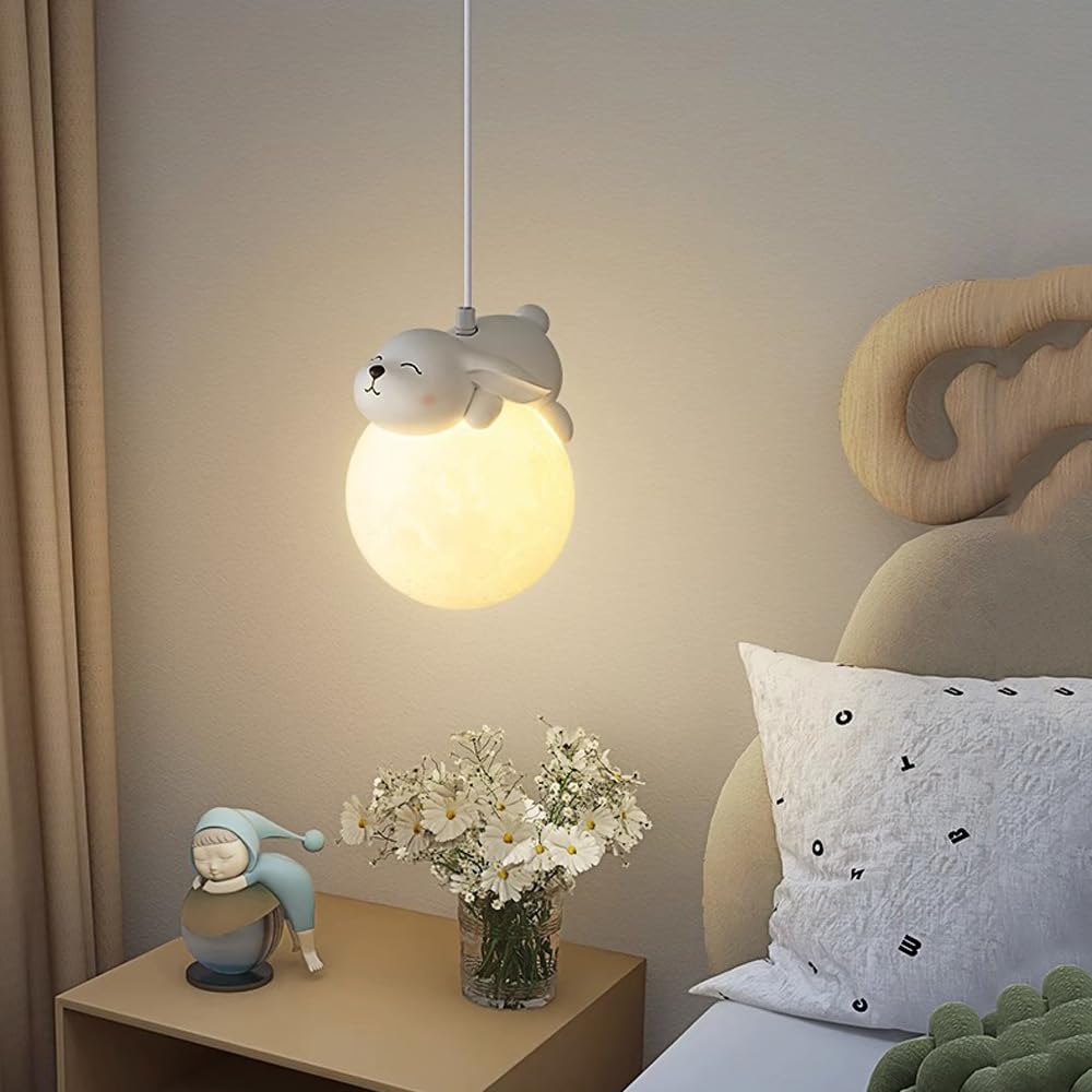 LEOSHI Lampe suspendue en forme de lune 3D pour chambre d'enfant, à intensité variable, en forme d'animal, de dessin animé, de planète, en résine, petite boule de lait blanche mignonne, lustre pour