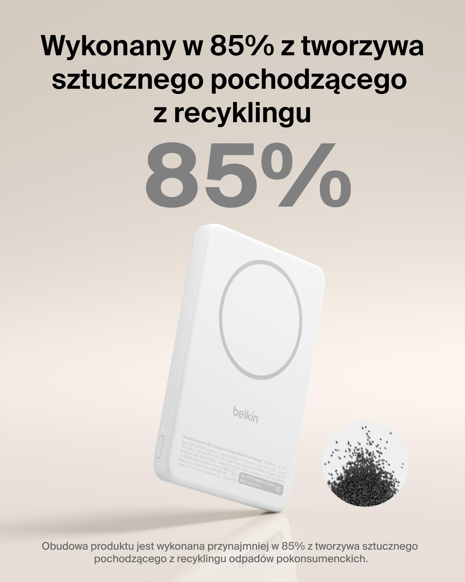 Belkin BoostCharge Cienki Magnetyczny Powerbank 5000 mAh, Podpórka – Biały | Powerbank Bezprzewodowy 5000 mAh Qi2, Pierścień Magnetyczny, Port USB-C, Naładowany, Kabel w Zestawie, do Podróży Samolotem