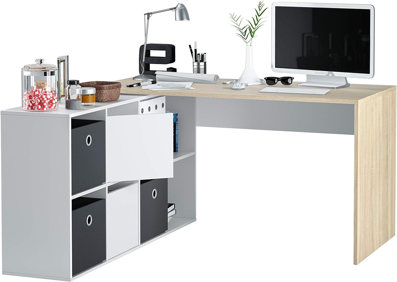 Habitdesign 0F4606A - Mesa Escritorio, Mueble de despacho, Modelo Adapta, Medidas: 74 x 120 x 77 cm, Color Blanco artik y Roble Canadian