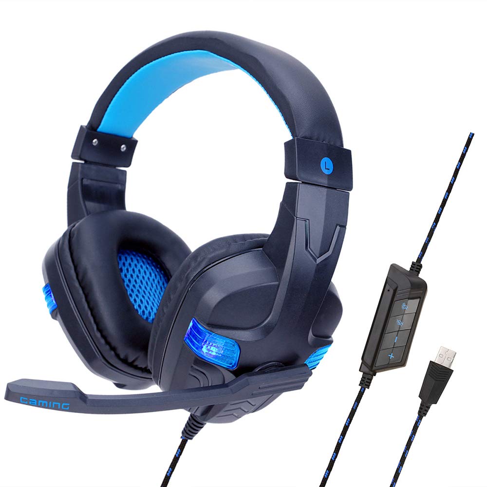 GuangXin Computer Headset, PC Gaming Headset Over-Ear Gaming Headphones with Mic LED Light Noise Cancelling and Volume Control for PS4/PC/Laptop/Tablet,BlackBlue