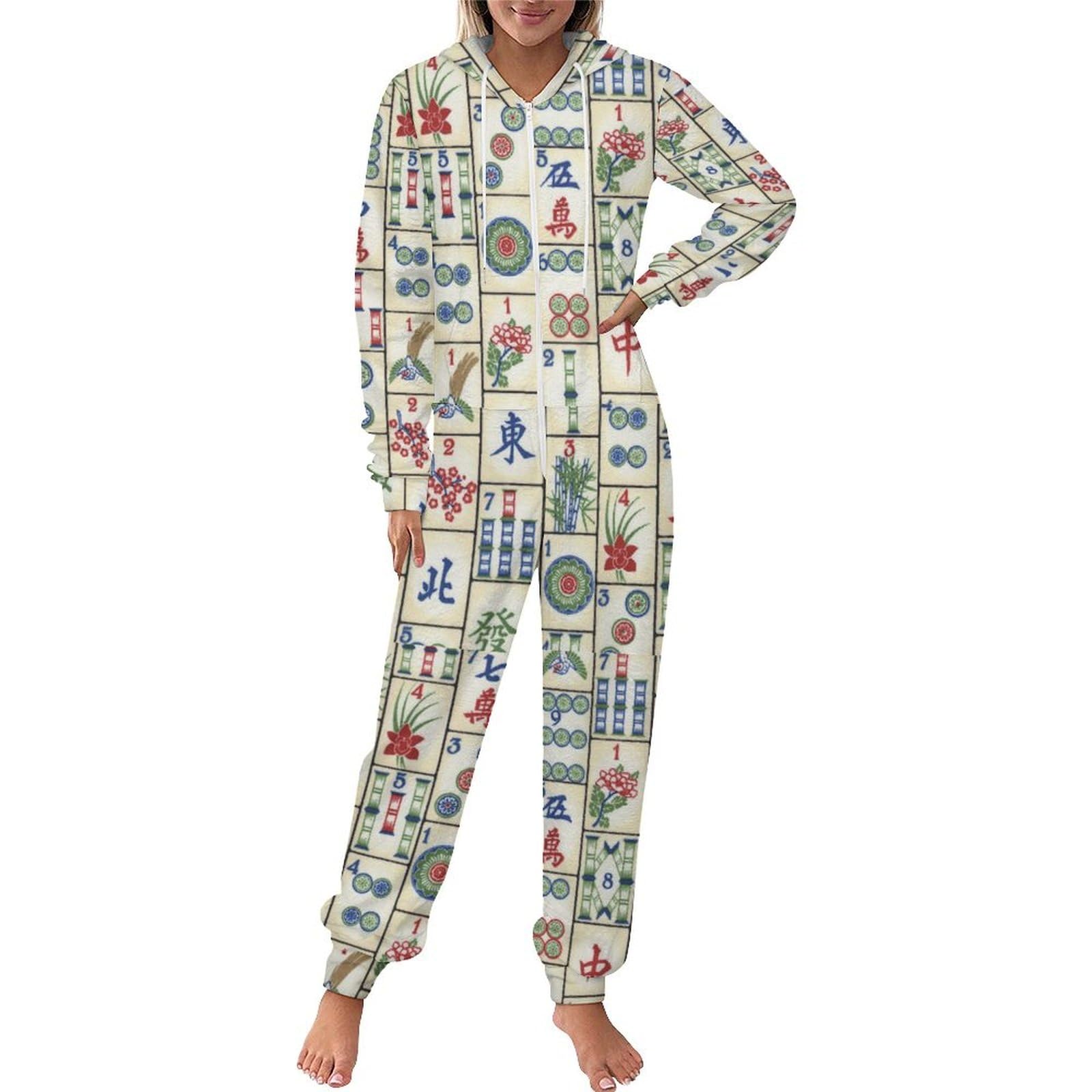 Fun Mahjong Herren-Schlafanzug, Einteiler, Flanell, lange Ärmel, Nachtwäsche