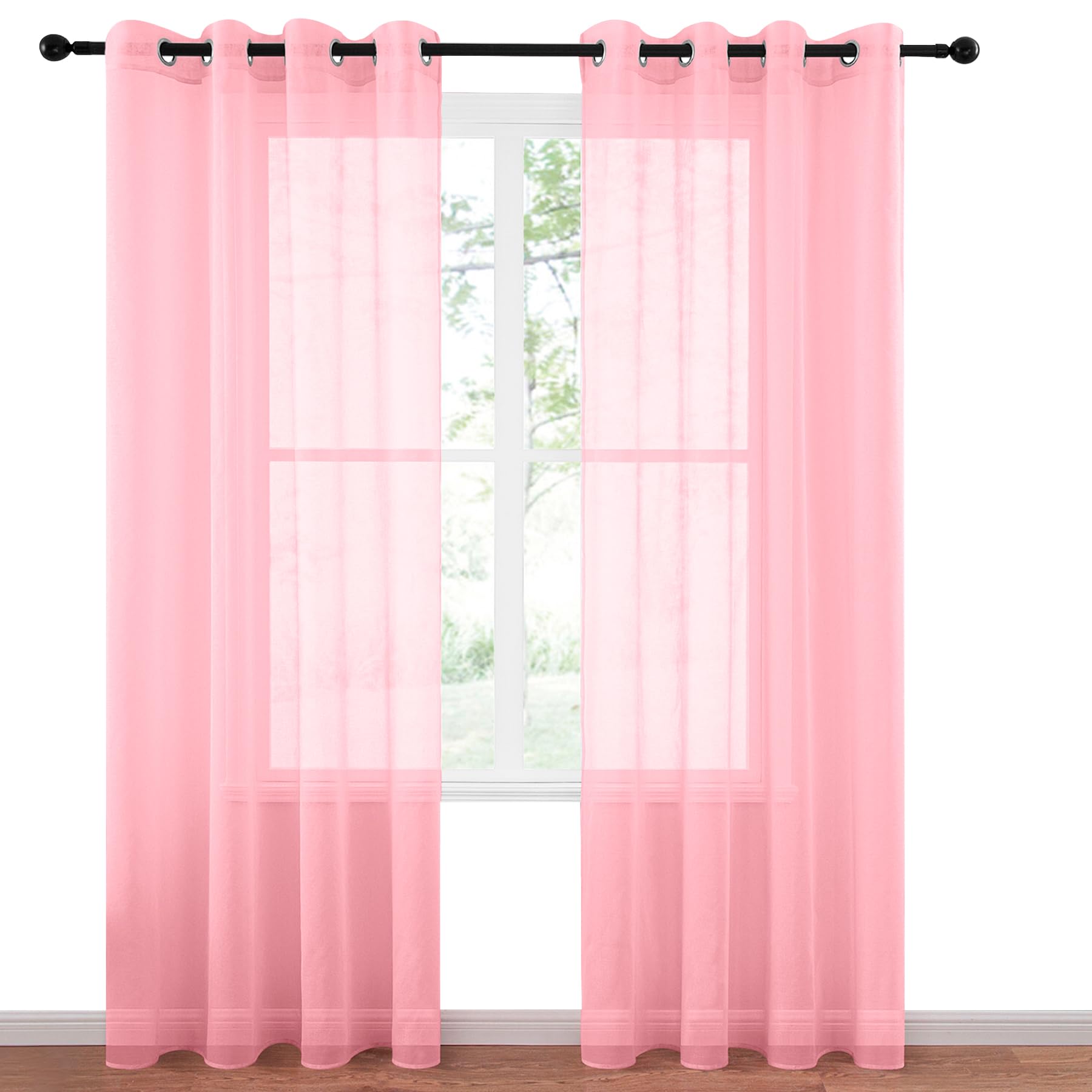 Cortina translúcida de tela suave visillo decorativo rosa de 140x260 cm con 8 ojales