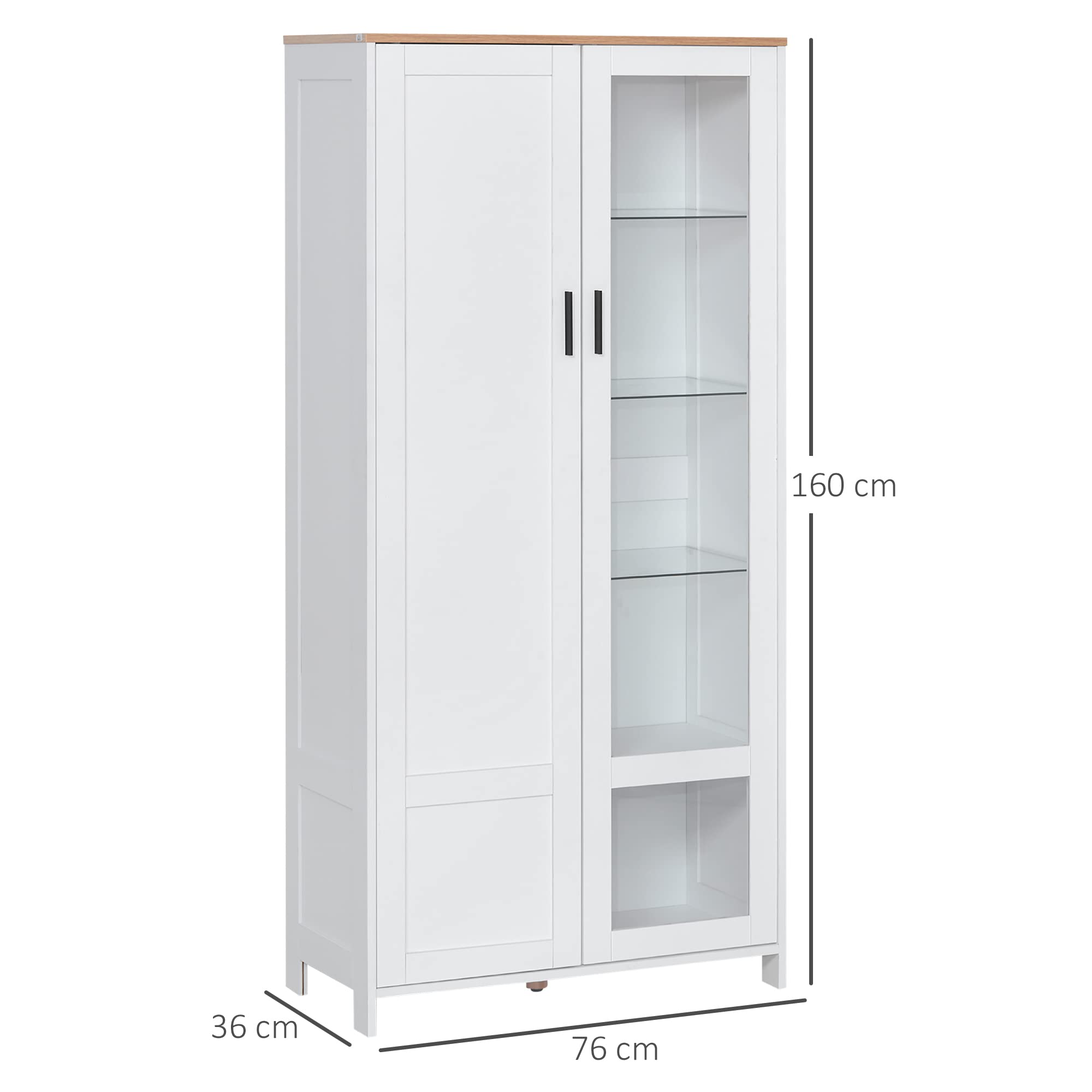 HOMCOM Credenza Cucina a 9 Ripiani Regolabili con Ante in Vetro e Base Rialzata, Mobile Cucina in Legno, 76x36x160 cm, Bianco