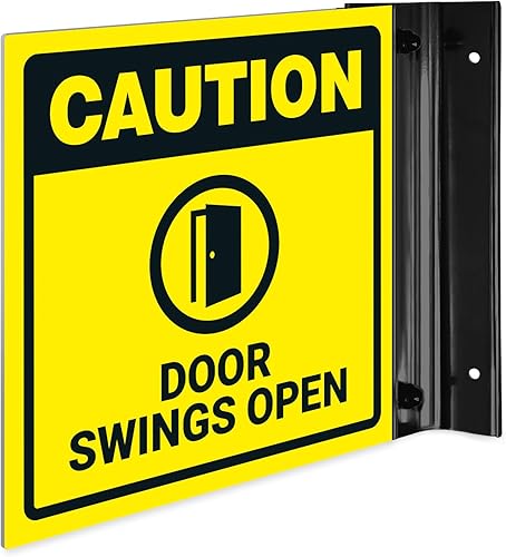 Caution Doors Swings - Letrero de proyección abierto, doble cara, 6 x 6 pulgadas, ACM, con accesorio negro satinado, fabricado en Estados Unidos