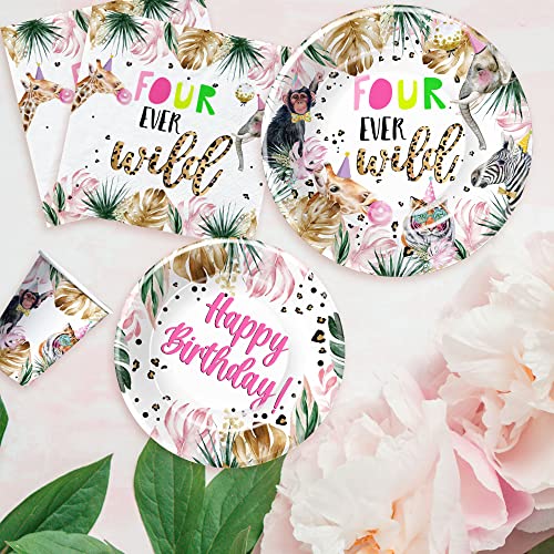 Apowbls Safari Jungle Animal 4Th Birthday Party Supplies - Four Ever Wild Birthday Decorations Girl, Plates, Cups, Napkins, 4-Year-Old Birthday Party Supplies For Jungle Party Decorations | Serves 24 #TOP5