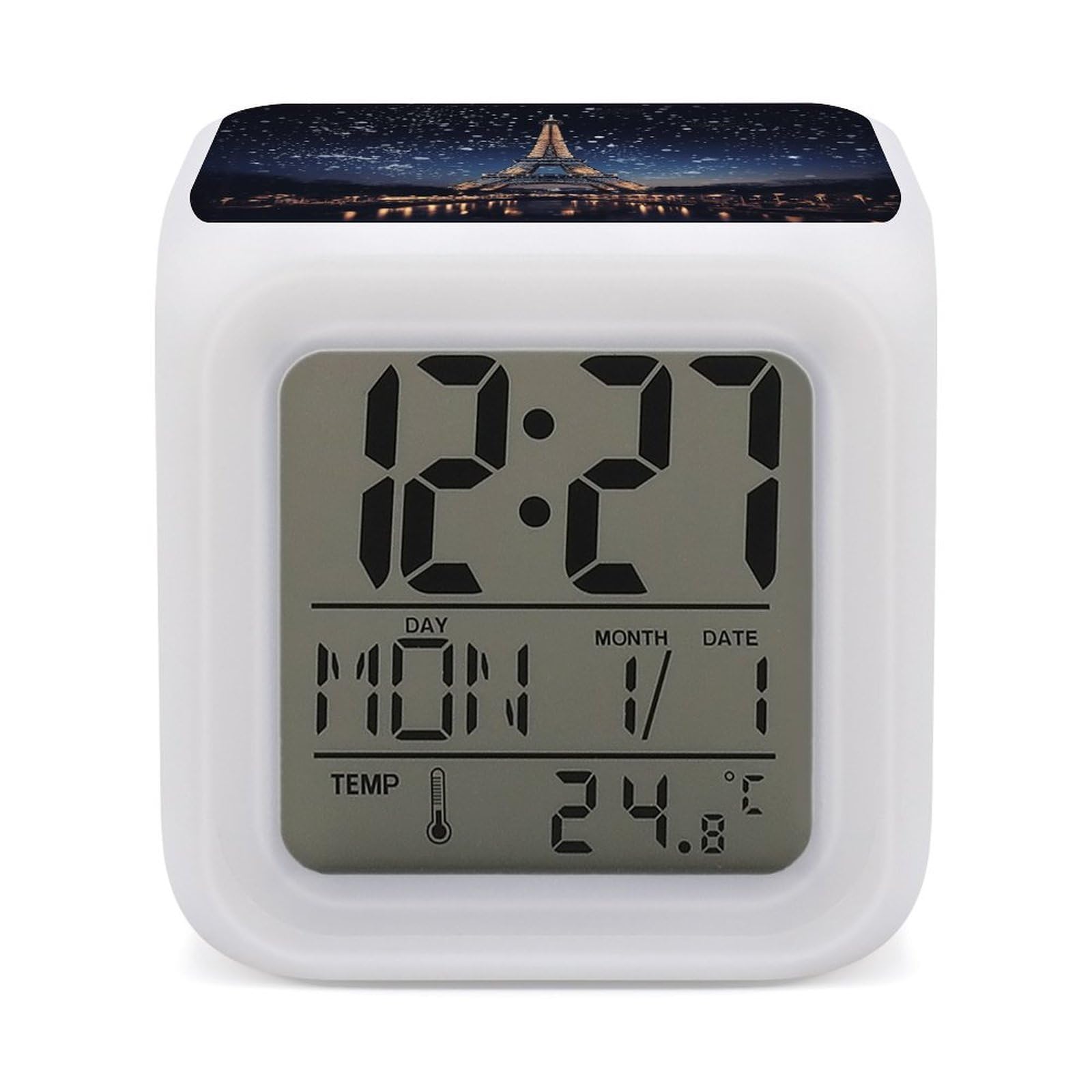 VstaDank Night Paris Eiffel Tower Alarm Clock 7 Color Changing LED Wake-Up Clocks Printed Home Decoration Multi-Color Night Light Digital Alarm Clock with Temperature Display for Home Office
