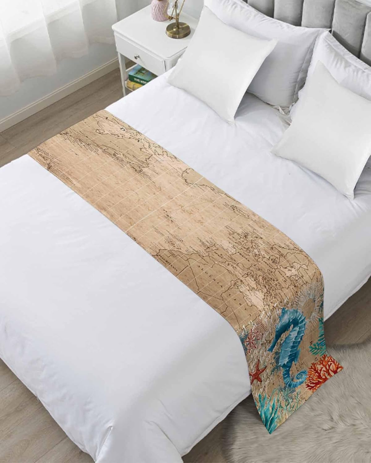 Sea Seahorse Coastal Bed Runner Scarf Full Queen Size, Brown Nautical Summer Coral Vintage Luxury Bed Throw Runners & Scarves for Foot of Bed, Bedroom Hotel Wedding Room Decoration, 83″x20″