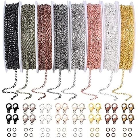 PP OPOUNT 80 Feet Necklace Chains Roll, 8 Colors Jewelry Making Chains 2 mm Metal Chains with Open Jump Rings and Lobster Clasps for Jewelry Making DIY Necklace Bracelet Anklet Cover