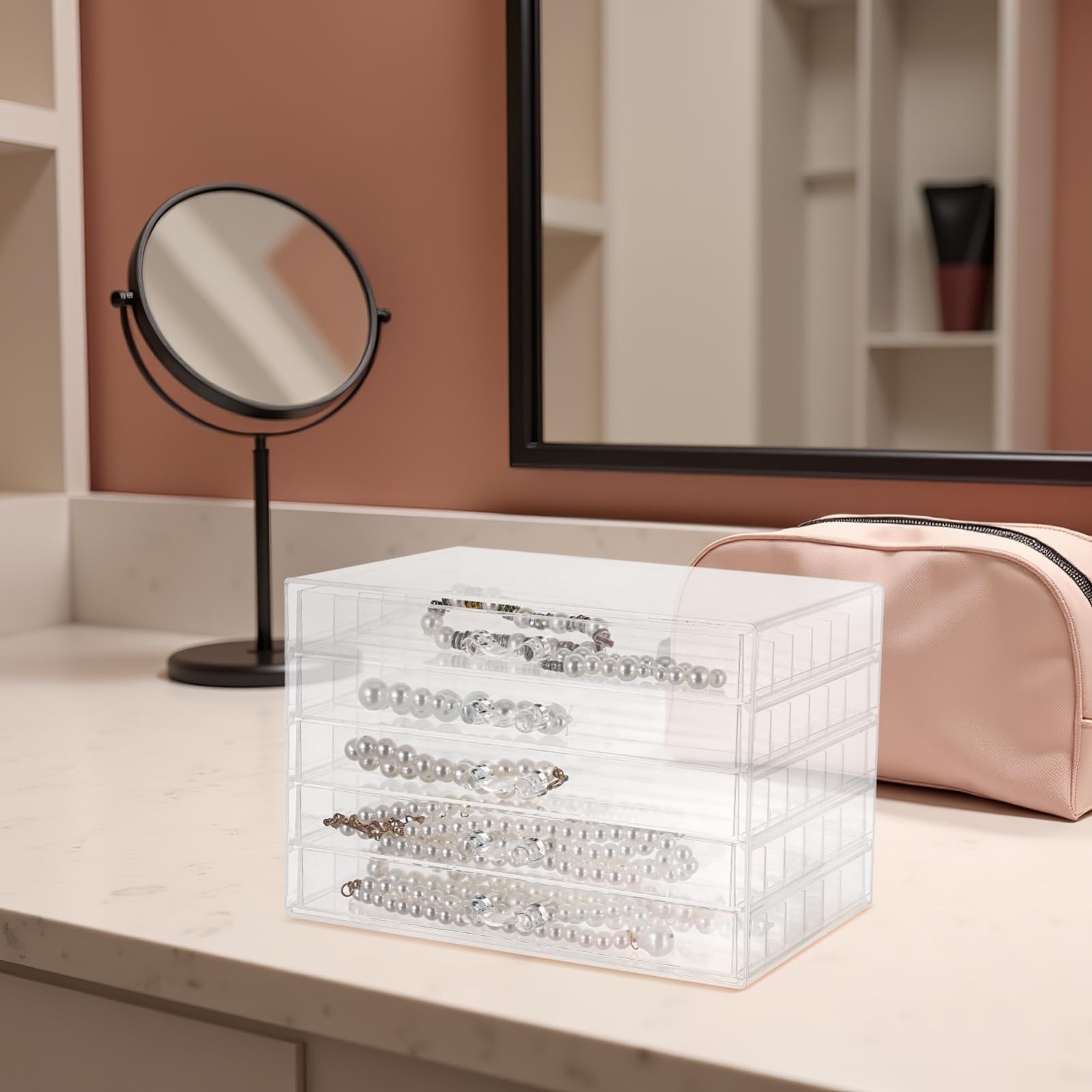 5cajón Organizador de Collares Organizador de Joyas de Bandeja para Exhibir Pulseras Aretes y Anillos Dormitorio de Mujeres y Niñas Material Transparente
