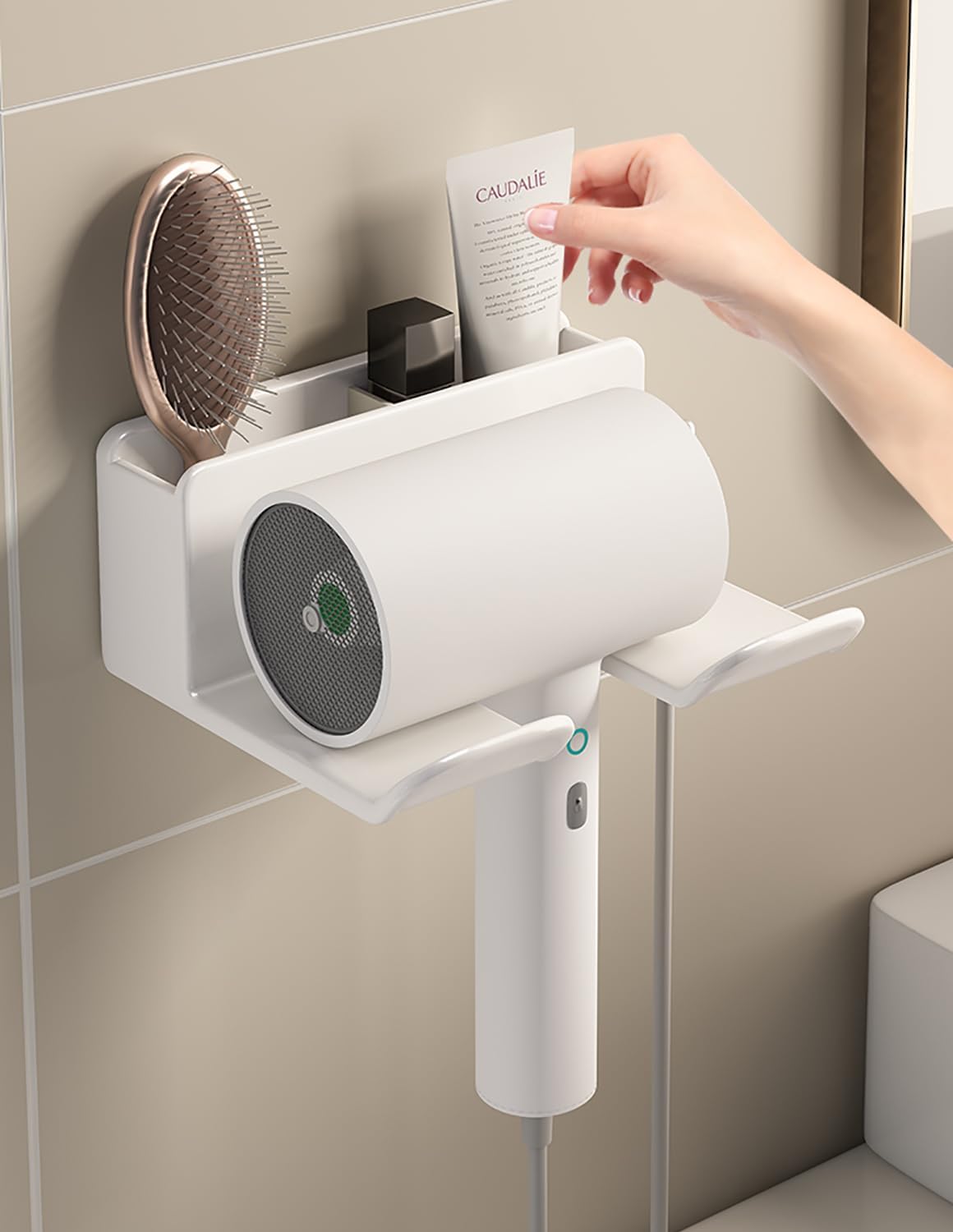 Porta Phone Bagno da Muro Adesivo, Porta Asciugacapelli, Supporto per Asciugacapelli per Bagno 2 Scomparti e Portacavi (16*6.5*12.6CM)