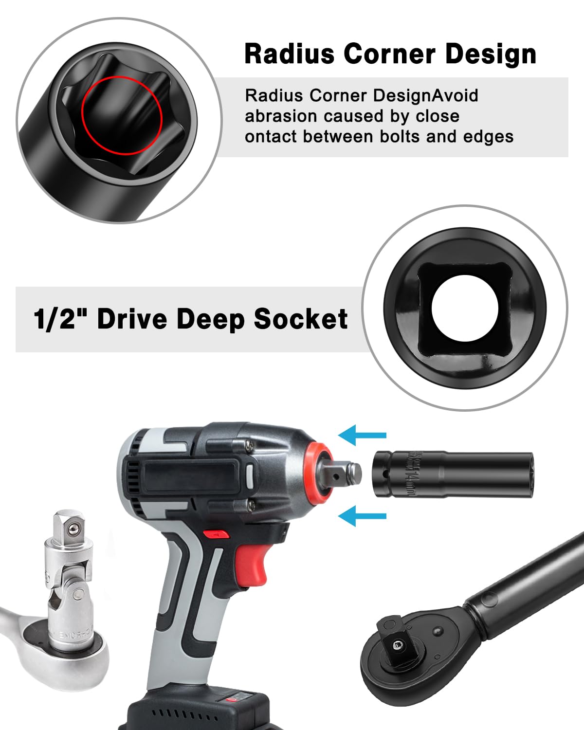 Lytool 10 Pieces 1/2" Drive Deep Impact Socket Set, Metric,Cr-V Steel, 6-Point, 8mm to 17mm, with Storage Cage 1