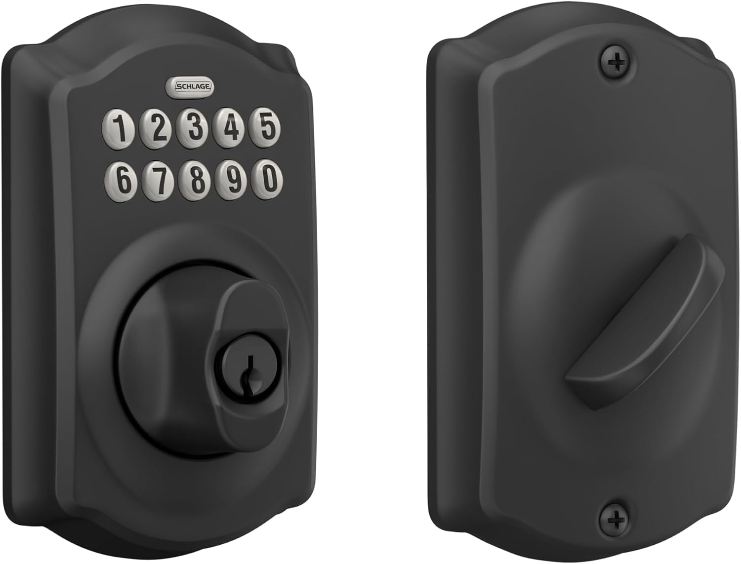 Electronic Keypad Deadbolt Lock, Camelot Trim, Matte Black | Keyless entry door lock, Push button keypad deadbolt, Key backup included, Certified security, Easy install, BE365