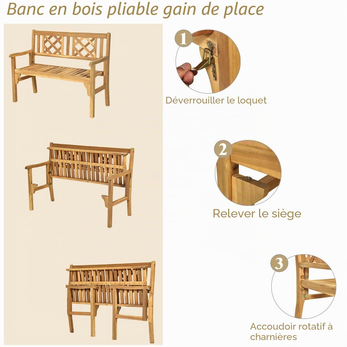 KOMFOTTEU Banc de jardin pliable pour extérieur, banc de jardin portable en bois d'acacia avec charge de 320 kg, banc 2 places pour terrasse, balcon, jardin