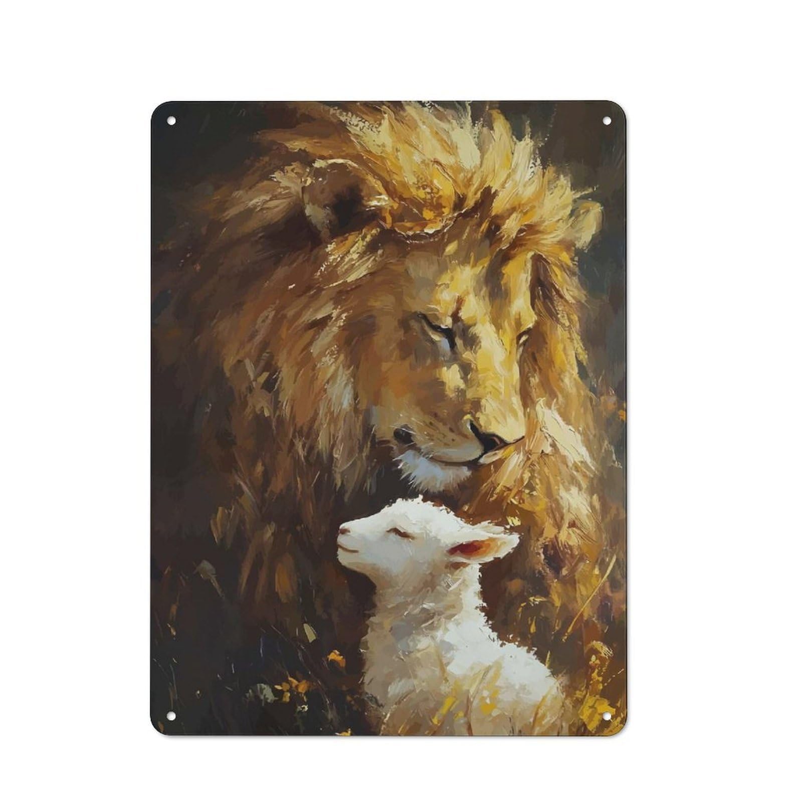 Lion And Lamb Painting Decorative Tin Plaque 40x30cm, Decorative Novelty Wall Art for Hallway, Home Bar, Garage Or Study