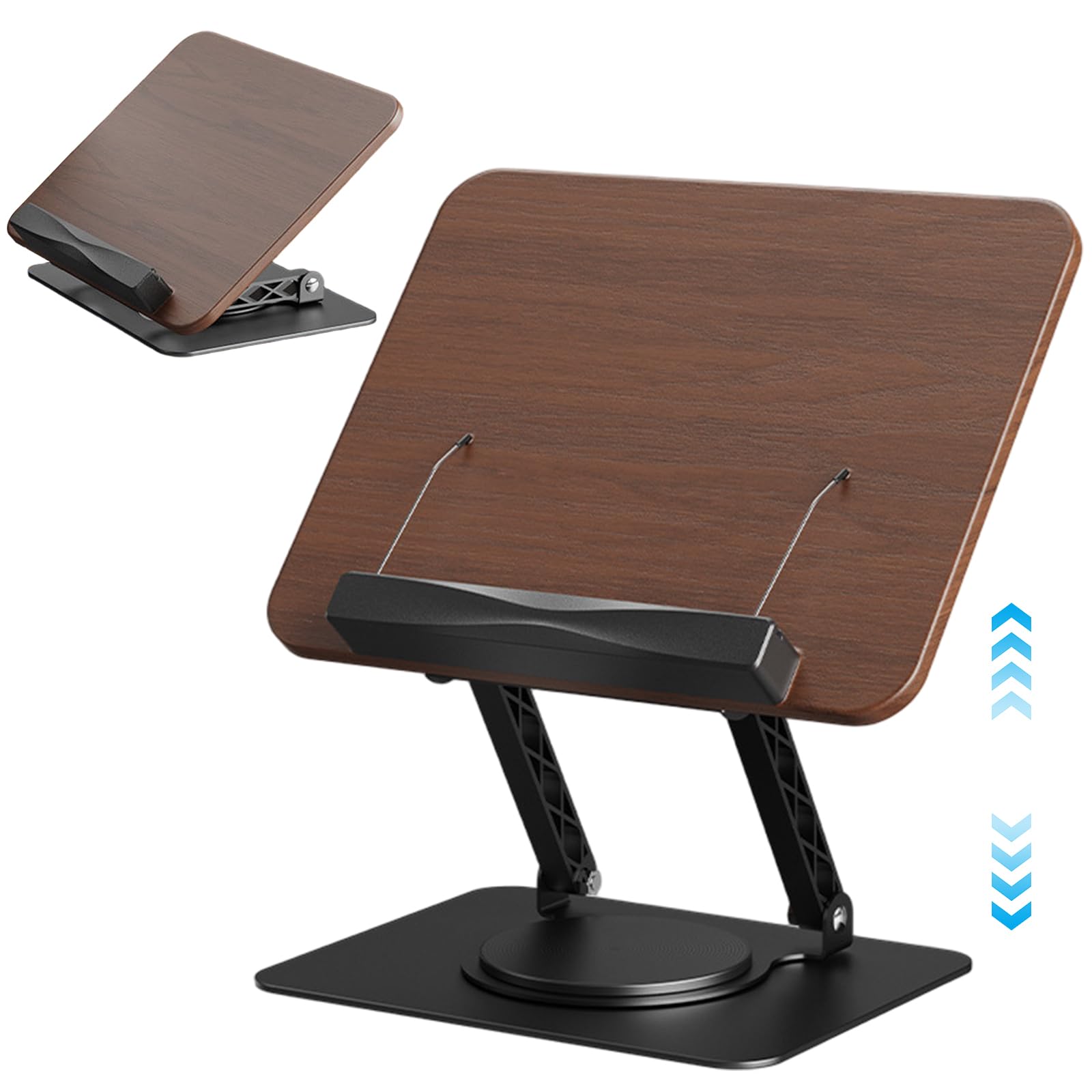 Support de livre pour la lecture, support de livre réglable pour la lecture, pliable avec bases rotatives à 360° et clips page élastiques, pour cuisine, tablette, magazine