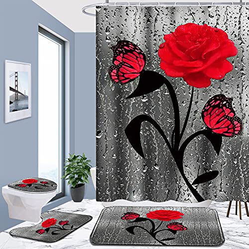 Poedist 4 Pcs Bathroom Shower Curtain Sets Precious Rose with Non-Slip Rugs, Toilet Lid Cover and Bath Mat,Durable Waterproof Bath Curtain with 12 Hooks (Bathroom Sets)