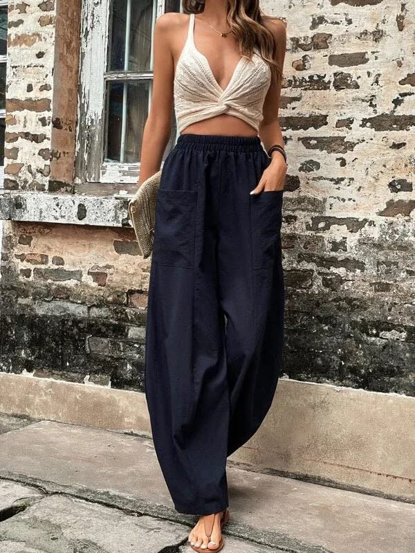 Elastic High Waisted Wide Leg Harem Pants for Women Loose Casual Solid Color Comfy Baggy Trousers Pants with Pockets2