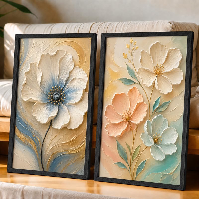 Image of NoWorries Floral Wall Painting Set of 2 with Frame | Premium White Peach & Blue Flower Botanical Artwork, Elegant Nature Wall Decor for Living Room, Bedroom, Office and Home Decoration (Art-17, 25x37inch)