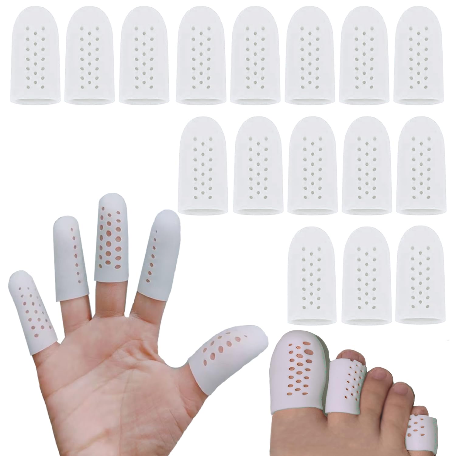 16 protectores de dedos de gel con agujeros, protectores de dedos de silicona blanca, fundas de dedos, protección para eccema, heridas, ampollas, artritis rota, dedo gatillo