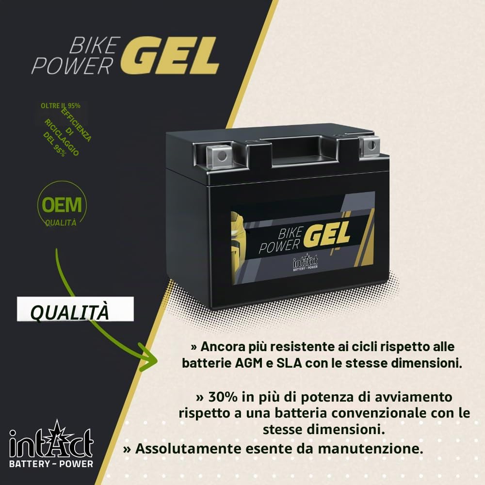 intAct - BATTERIA GEL PER MOTOCICLI Bike-Power GEL12-9-BS. Sostituisce YTX9, YTX9-BS. Batteria per moto 12V 8Ah 170A. Dimensioni: 150x87x105 mm. Con una potenza di avviamento superiore del 30%.